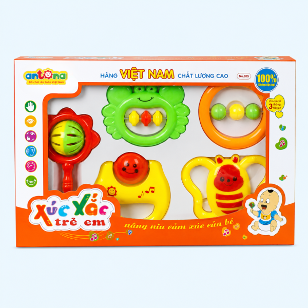 Bộ Xúc xắc trẻ em Antona - Hộp giấy 5 chiếc được làm từ nhựa nguyên sinh an toàn, thiết kế bo tròn, kích thước vừa tay bé, hỗ trợ bé khám phá âm thanh và màu sắc mỗi ngày.