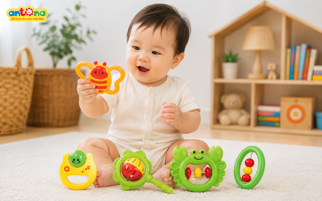 Xúc xắc trẻ em Antona - Hộp giấy 5 chiếc mang đến nhiều kiểu xúc xắc và ngậm nướu khác nhau, giúp bé vừa vui chơi vừa rèn luyện phản xạ, thị giác và xúc giác hiệu quả.