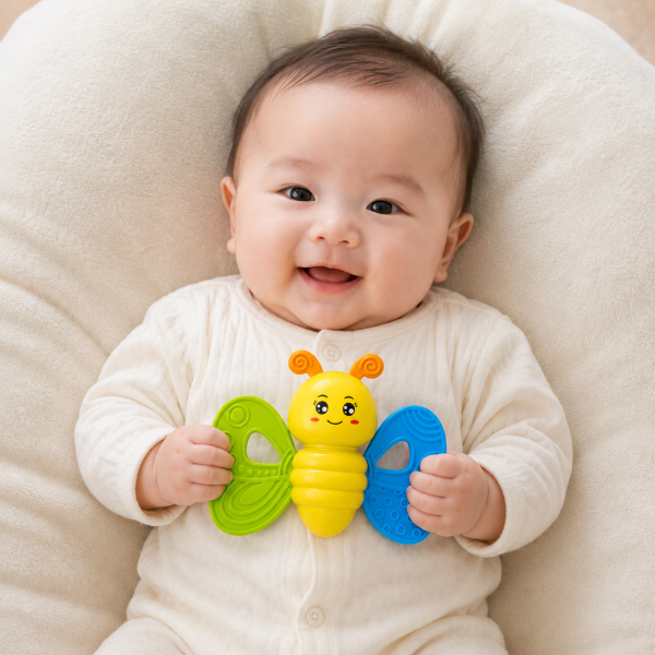 Xúc Xắc Trẻ Em Antona – Xúc Xắc Bướm với thiết kế cánh bướm nhựa mềm, đầu xoay 360°, giúp bé từ 3 tháng tuổi phát triển giác quan, kỹ năng cầm nắm và khám phá an toàn.