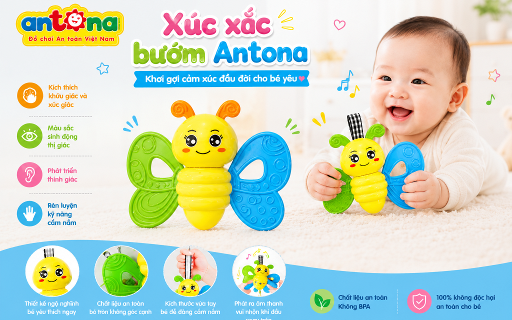 Xúc Xắc Trẻ Em Antona – Xúc Xắc Bướm là lựa chọn lý tưởng cho bé từ 3 tháng tuổi với thiết kế mềm mại, an toàn, âm thanh vui tai và khả năng kích thích nhiều giác quan cùng lúc.