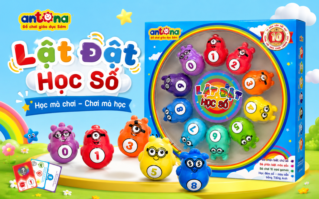 Lật Đật Học Số Antona mang đến nhiều trò chơi thú vị để ba mẹ cùng bé học số, học đếm và khám phá toán học, giúp tăng sự gắn kết gia đình trong mỗi giờ chơi.
