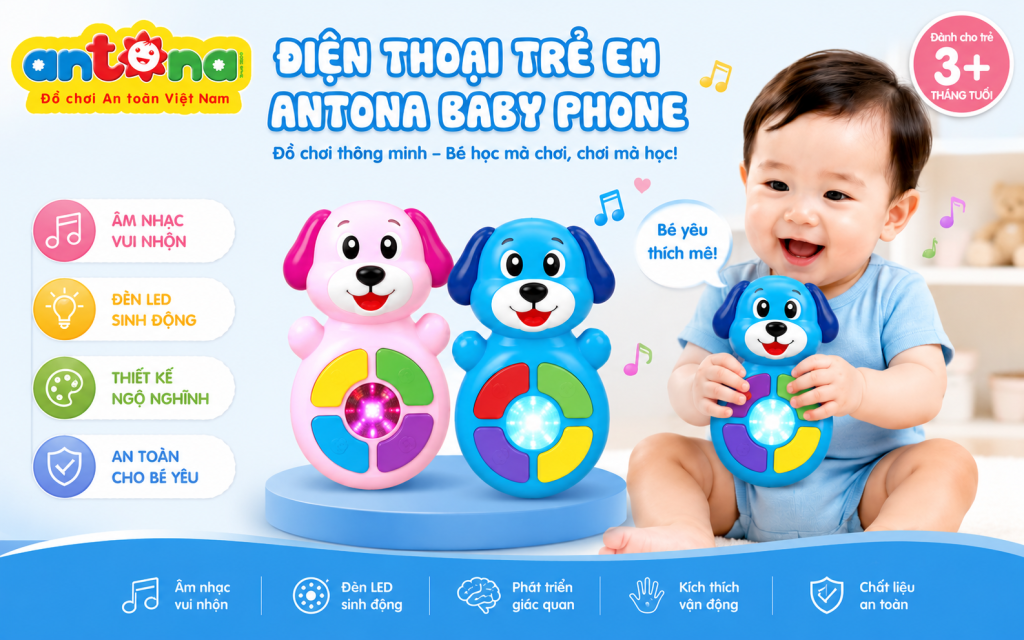 Điện thoại trẻ em Antona phát bài hát, nhạc chuông và tiếng động vật vui nhộn, mang đến những giờ chơi bổ ích, kích thích khả năng cảm nhận âm thanh của bé.