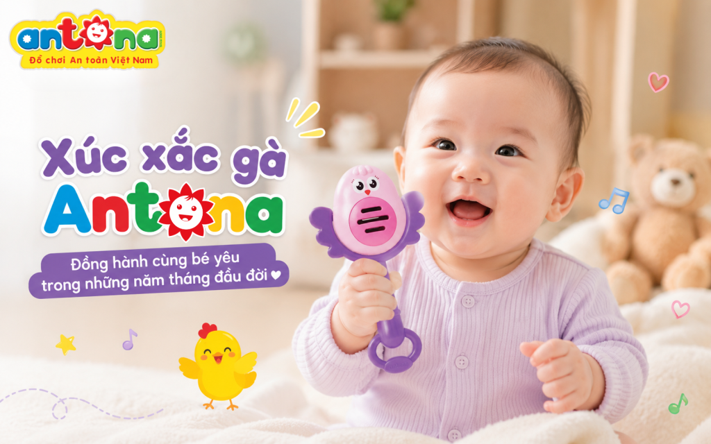 Xúc xắc trẻ em Antona - Xúc xắc gà là lựa chọn lý tưởng cho bé từ 3 tháng tuổi với chất liệu an toàn, thiết kế đáng yêu và đầu xoay phát ra âm thanh vui nhộn.