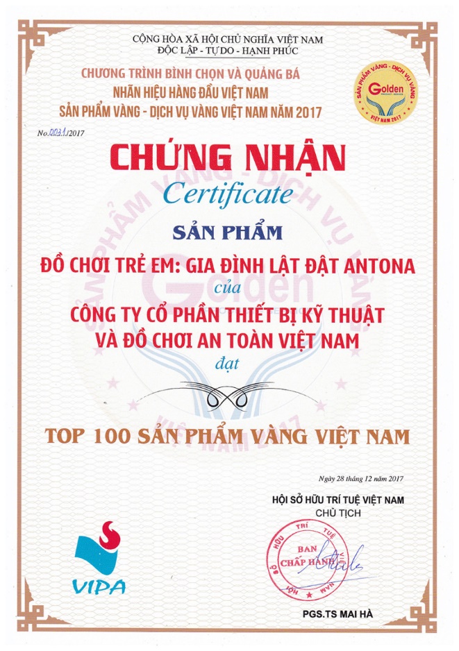 Hình ảnh Giấy chứng nhận Sản phẩm Vàng Việt Nam 2017 dành cho Gia đình Lật Đật Antona khẳng định sự tin tưởng của các tổ chức chuyên môn đối với chất lượng sản phẩm.