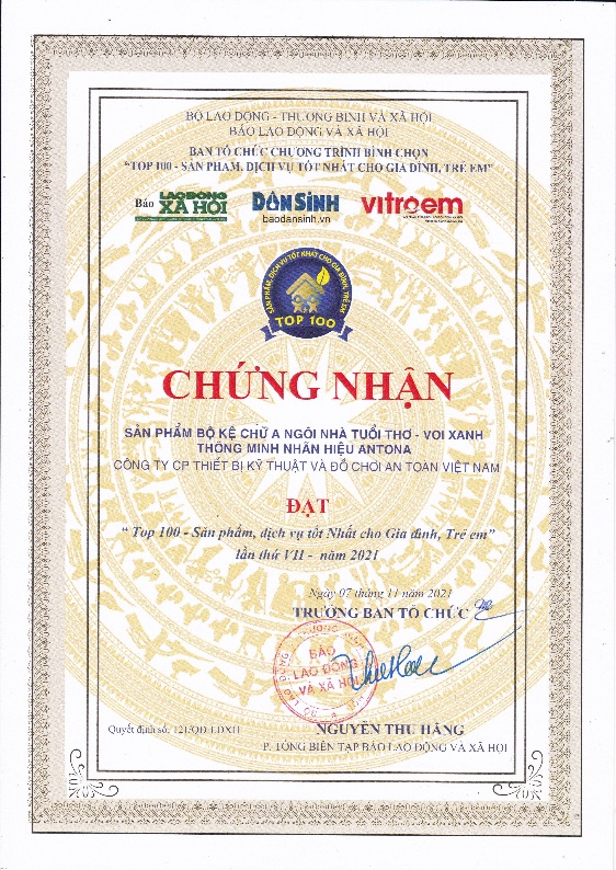 Kệ Voi Xanh – Ngôi Nhà Tuổi Thơ Antona đạt Top 100 Sản phẩm dành cho Gia đình Việt Nam 2021, khẳng định chất lượng và giá trị giáo dục của sản phẩm dành cho trẻ em.