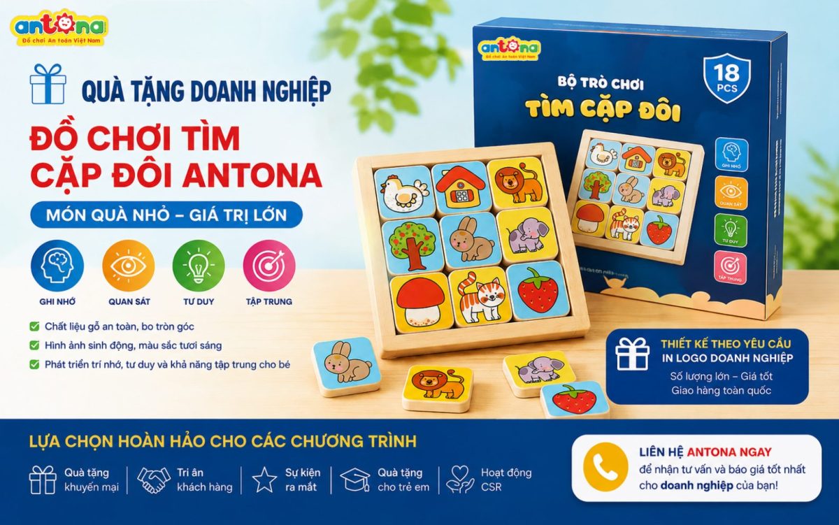 Hình ảnh Đồ chơi tìm cặp đôi Antona với khung gỗ chắc chắn, các quân ghép bo tròn an toàn và màu sắc tươi sáng. Đây là món đồ chơi giáo dục giúp trẻ vừa học vừa chơi, đồng thời là giải pháp quà tặng doanh nghiệp được nhiều thương hiệu lựa chọn.