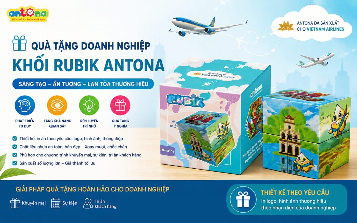 Khối Rubik Antona là món quà tặng doanh nghiệp sáng tạo, giúp trẻ rèn luyện tư duy, khả năng quan sát và ghi nhớ. Thiết kế in hình theo yêu cầu thương hiệu, phù hợp cho các chương trình khuyến mại, tri ân khách hàng và sự kiện.