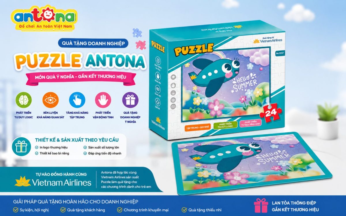 Bộ Puzzle Antona được sản xuất từ chất liệu an toàn, màu sắc sinh động và có thể in logo thương hiệu theo yêu cầu. Đây là giải pháp quà tặng doanh nghiệp dành cho các chương trình khuyến mại, sự kiện, hội nghị và hoạt động cộng đồng.