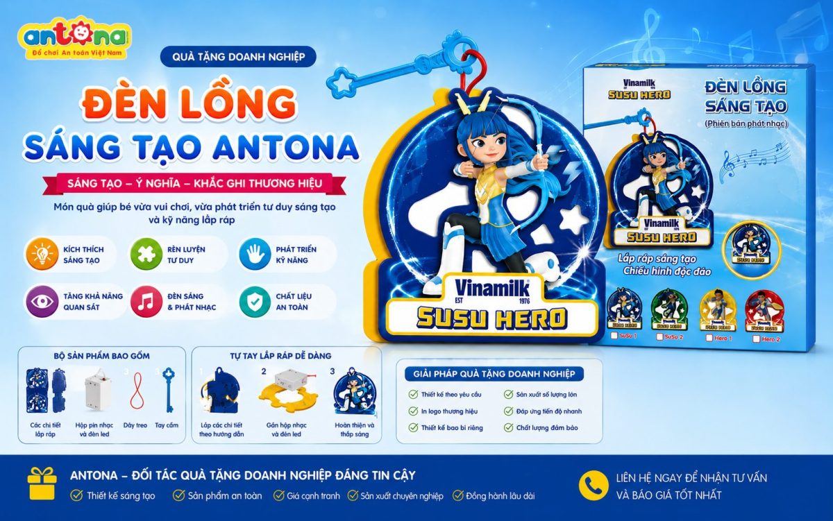 Quà tặng đèn lồng sáng tạo Antona được sản xuất từ nhựa nguyên sinh an toàn, có thể in logo và thiết kế theo nhận diện thương hiệu, phù hợp cho các chương trình khuyến mại và tri ân khách hàng.