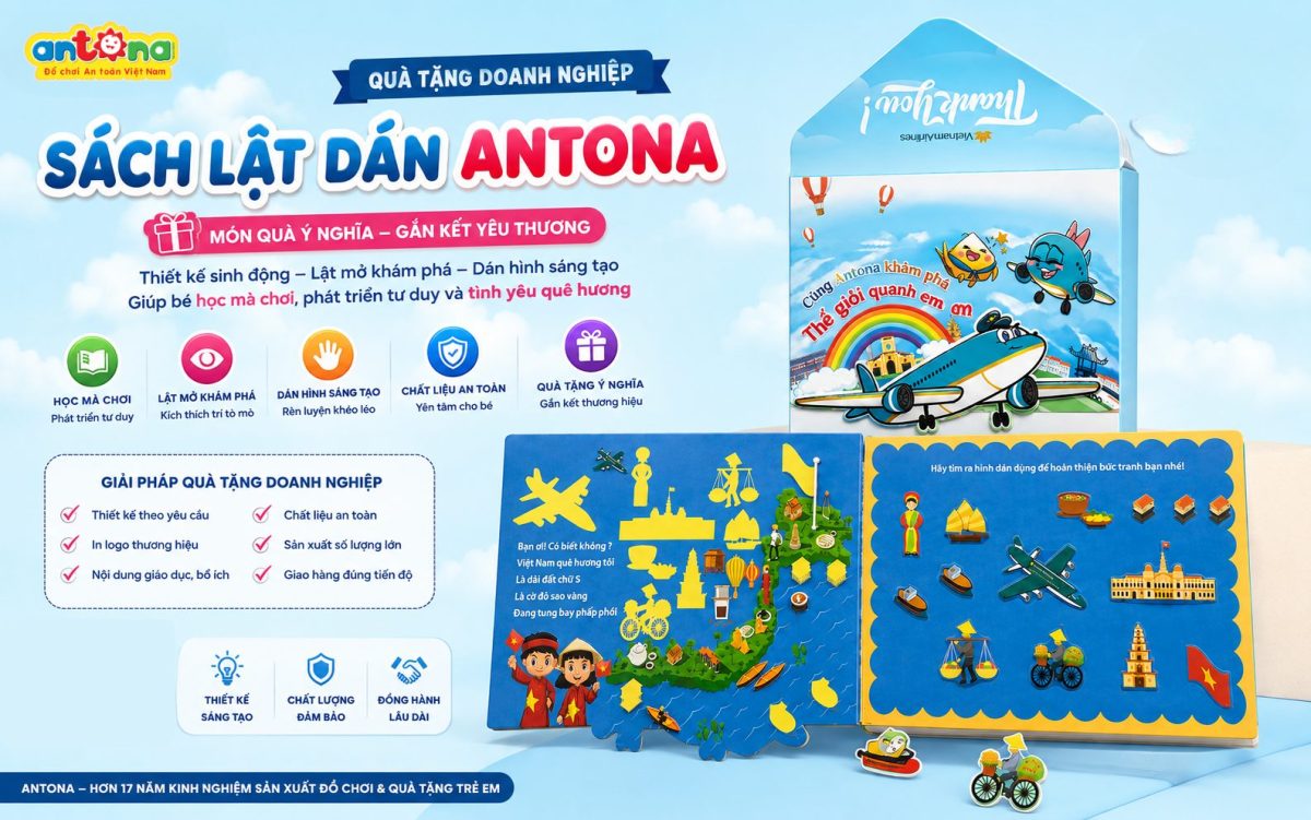 Sách Lật Dán Antona là quà tặng doanh nghiệp sáng tạo với thiết kế bắt mắt, chất liệu an toàn, giúp trẻ vừa học vừa chơi và khám phá thế giới qua những trang sách sinh động.