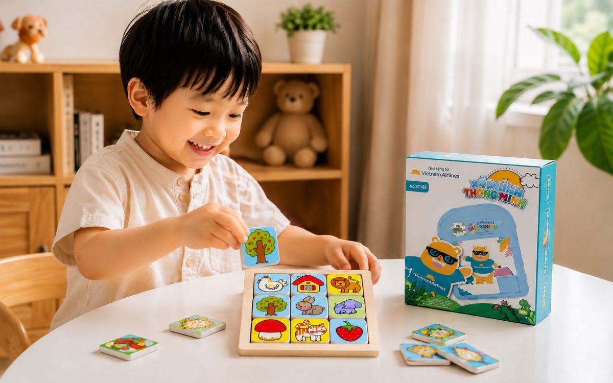 Hình ảnh bé hào hứng trải nghiệm quà tặng doanh nghiệp Antona với bộ đồ chơi giáo dục thông minh trong không gian gia đình hiện đại. Sản phẩm được thiết kế an toàn, chất lượng cao, có thể in nhận diện thương hiệu theo yêu cầu, là lựa chọn lý tưởng cho các chương trình quà tặng doanh nghiệp, tri ân khách hàng và sự kiện dành cho trẻ em.