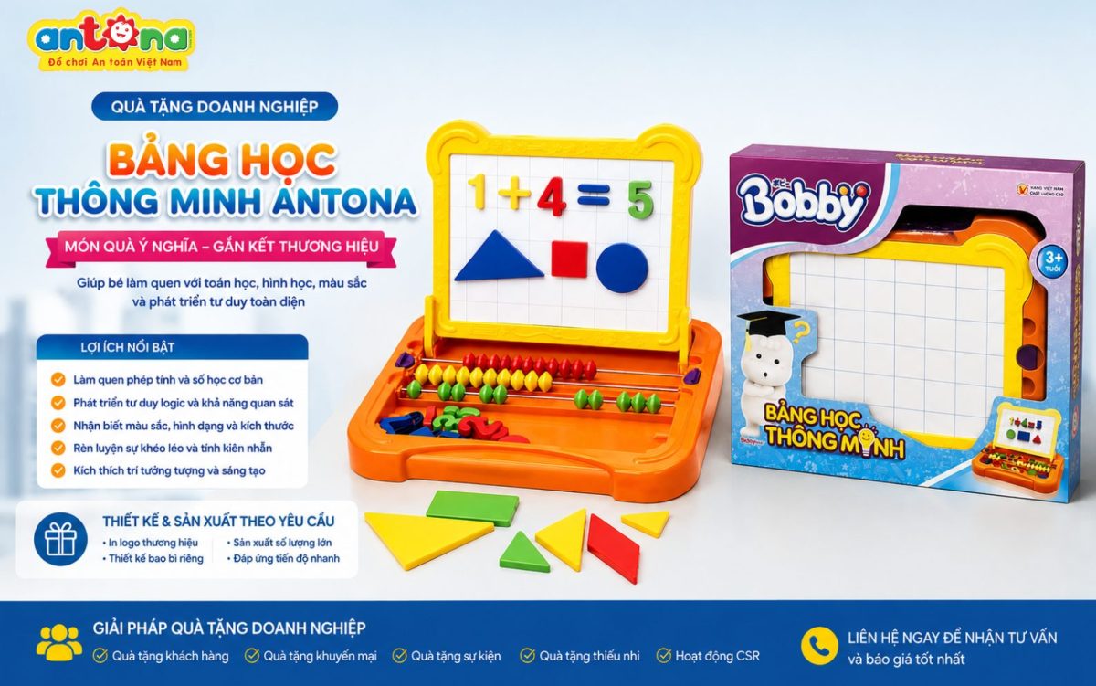 Bảng học thông minh Antona là giải pháp quà tặng doanh nghiệp được nhiều thương hiệu lựa chọn nhờ khả năng in logo, thiết kế bao bì riêng và mang đến giá trị giáo dục bền vững cho trẻ.