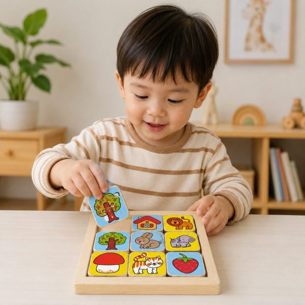 Đồ chơi tìm cặp đôi Antona gồm 18 quân gỗ với 9 cặp hình ngộ nghĩnh như động vật, cây cối và trái cây. Sản phẩm hỗ trợ bé rèn luyện trí nhớ, khả năng tập trung và kỹ năng nhận biết hình ảnh ngay từ những năm đầu đời.