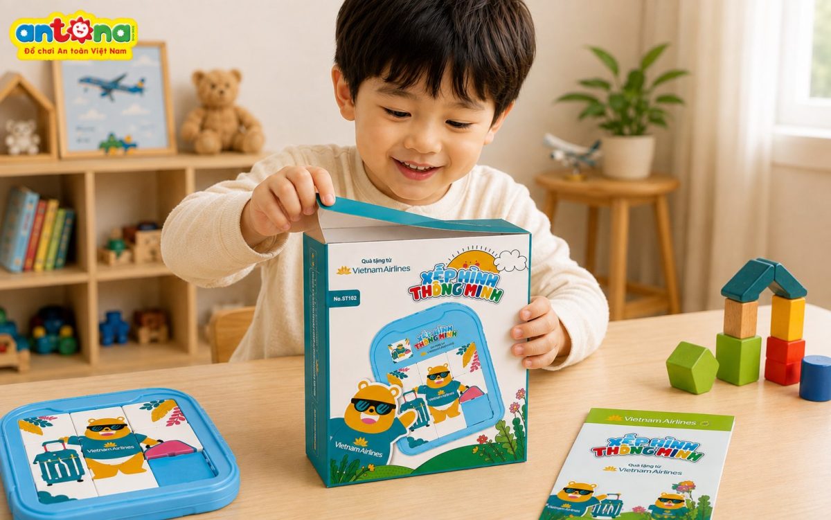 Bộ Xếp Hình Thông Minh Antona – sản phẩm từng được Antona sản xuất làm quà tặng cho Vietnam Airlines, mang đến trải nghiệm học mà chơi thú vị cho trẻ em.