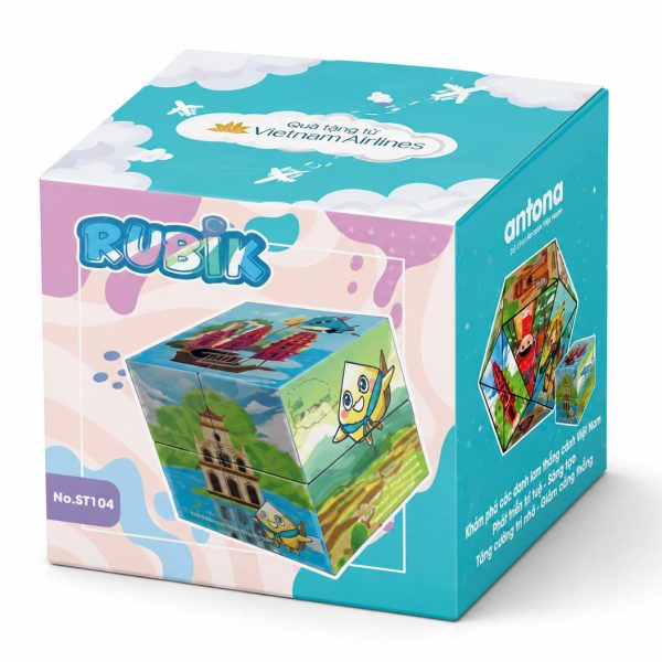 Hình ảnh hộp và Khối Rubik Antona với thiết kế chuyên nghiệp, chất lượng cao, phù hợp cho doanh nghiệp cần sản xuất quà tặng khuyến mại theo yêu cầu với số lượng lớn.