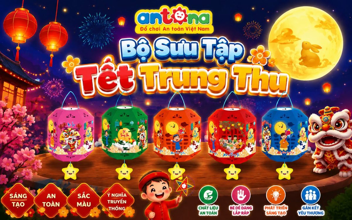 Banner Bộ sưu tập Trung Thu Antona giới thiệu những mẫu đèn lồng sáng tạo với thiết kế rực rỡ, đa dạng màu sắc và đậm nét văn hóa Trung Thu Việt Nam. Các sản phẩm được Antona phát triển từ chất liệu an toàn, kiểu dáng bắt mắt, giúp trẻ vừa vui chơi, vừa cảm nhận trọn vẹn không khí lễ hội truyền thống bên gia đình.