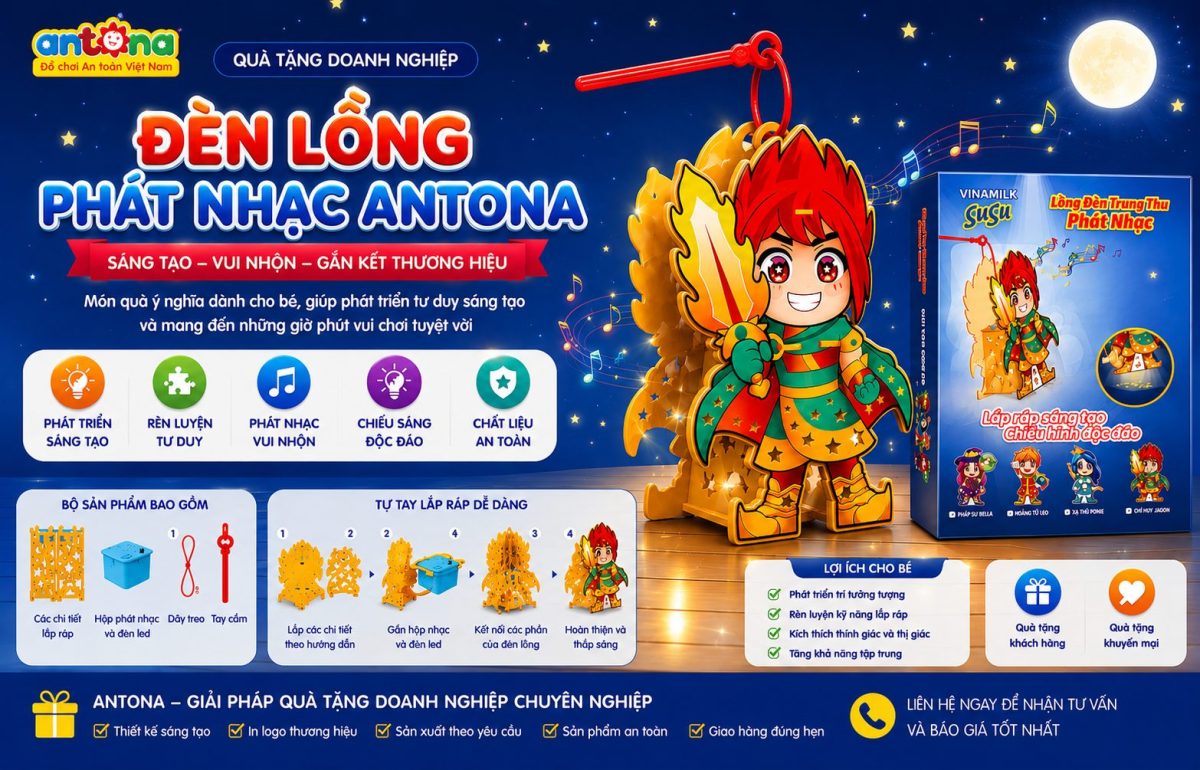 Hình ảnh quà tặng đèn lồng phát nhạc Antona thể hiện sản phẩm được Antona thiết kế và sản xuất theo yêu cầu doanh nghiệp, góp phần mang đến món quà sáng tạo, an toàn và giàu giá trị trải nghiệm cho trẻ em.