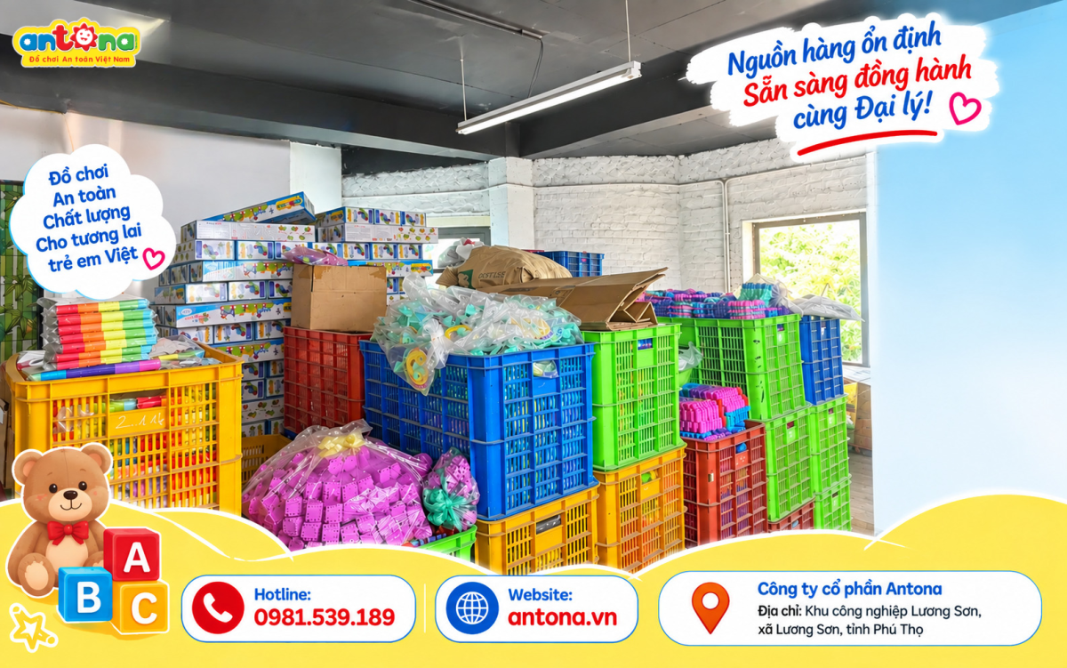 Kho hàng đồ chơi trẻ em Antona với nguồn hàng sẵn kho, đa dạng sản phẩm đồ chơi trẻ em và đồ chơi giáo dục, đáp ứng nhu cầu nhập hàng số lượng lớn cho đại lý, nhà phân phối, cửa hàng đồ chơi và hệ thống Mẹ & Bé trên toàn quốc.