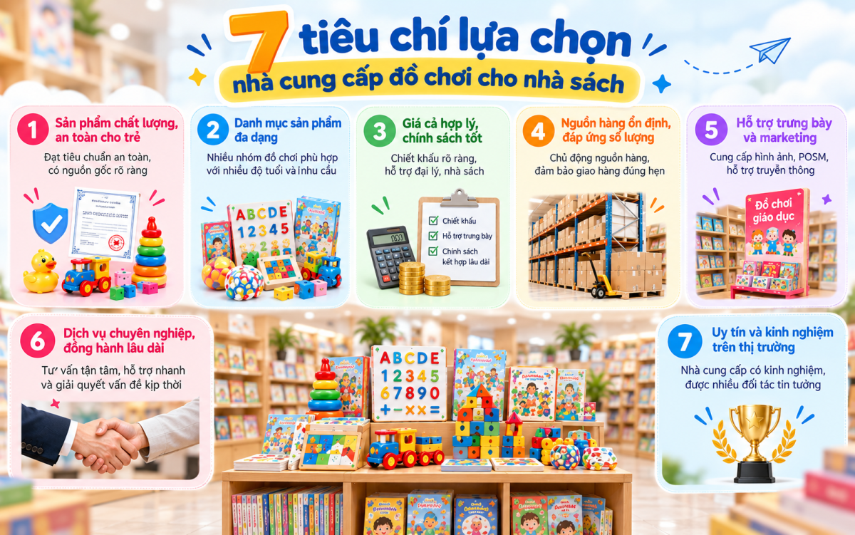 Hình ảnh 7 tiêu chí lựa chọn nhà cung cấp đồ chơi cho nhà sách gồm chất lượng, danh mục sản phẩm, giá sỉ, nguồn hàng, hỗ trợ bán hàng, dịch vụ và uy tín.
