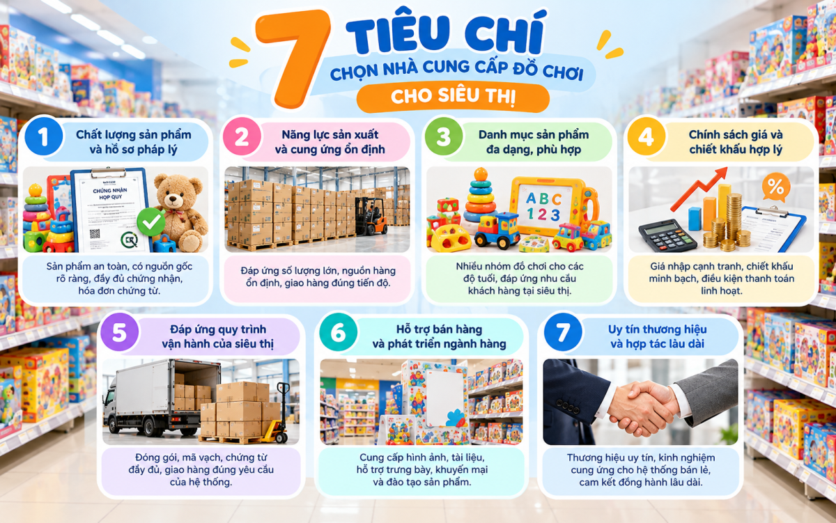 7 tiêu chí chọn nhà cung cấp đồ chơi cho siêu thị uy tín: chất lượng sản phẩm, năng lực cung ứng, danh mục đa dạng, chính sách giá, vận hành, hỗ trợ bán hàng và thương hiệu.