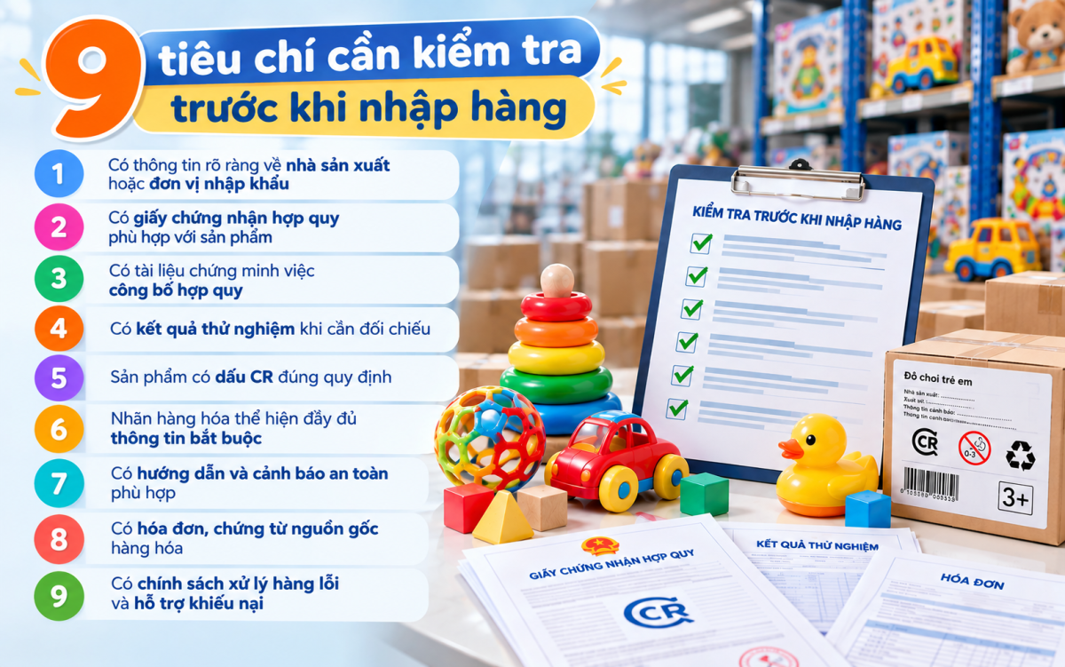 9 tiêu chí cần kiểm tra trước khi nhập hàng đồ chơi trẻ em giúp đại lý đánh giá giấy chứng nhận hợp quy, dấu CR, chất lượng và nguồn gốc sản phẩm.