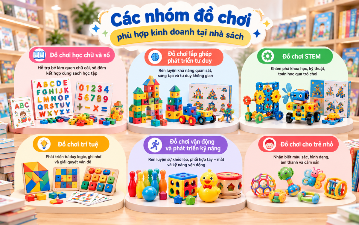 Các nhóm đồ chơi giáo dục phù hợp kinh doanh tại nhà sách gồm bộ chữ số, đồ chơi STEM, lắp ghép, trí tuệ, vận động và đồ chơi cho trẻ nhỏ.