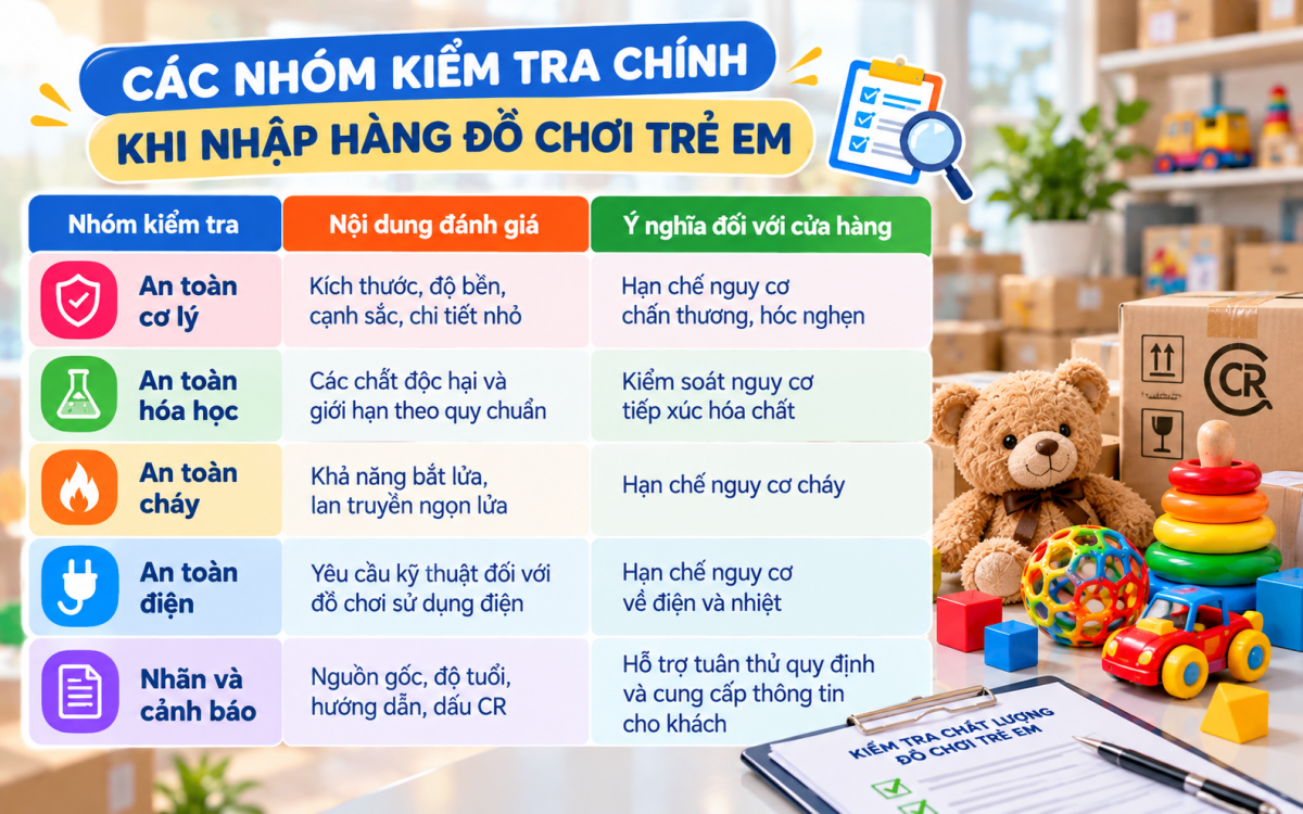 Kiểm định đồ chơi trẻ em với 5 nhóm kiểm tra gồm an toàn cơ lý, hóa học, cháy, điện và nhãn cảnh báo theo quy chuẩn.