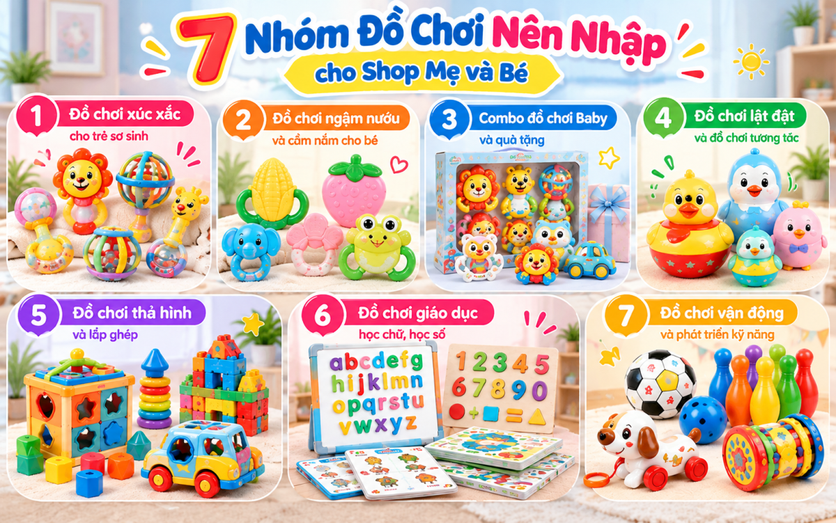 Nguồn hàng đồ chơi cho shop mẹ và bé – Chủ cửa hàng lựa chọn các loại đồ chơi trẻ em, tìm nguồn hàng phù hợp và lên kế hoạch nhập hàng để hạn chế tồn kho.