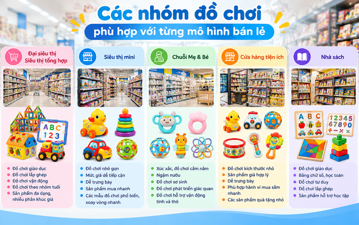 Hình ảnh các nhóm đồ chơi phù hợp với từng mô hình bán lẻ gồm đồ chơi giáo dục, lắp ghép, xúc xắc, ngậm nướu và đồ chơi vận động dành cho siêu thị, chuỗi Mẹ & Bé, nhà sách.