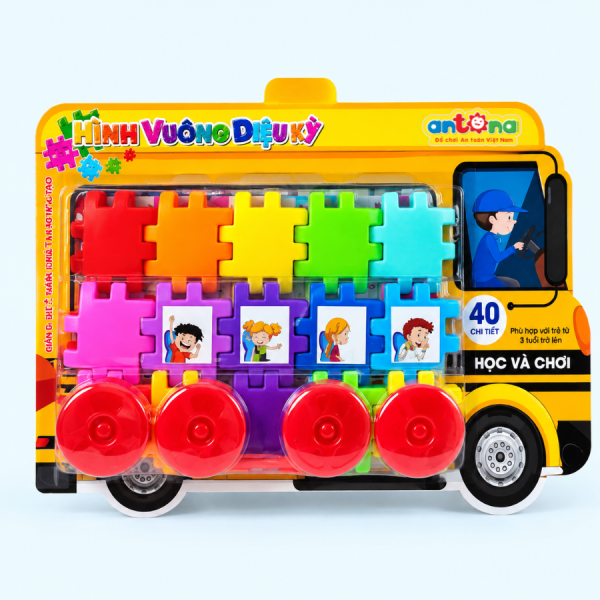 Bộ xếp hình Antona 45 chi tiết gồm các miếng ghép nhiều màu sắc và bánh xe, giúp bé tạo nên những mô hình lắp ghép thú vị.