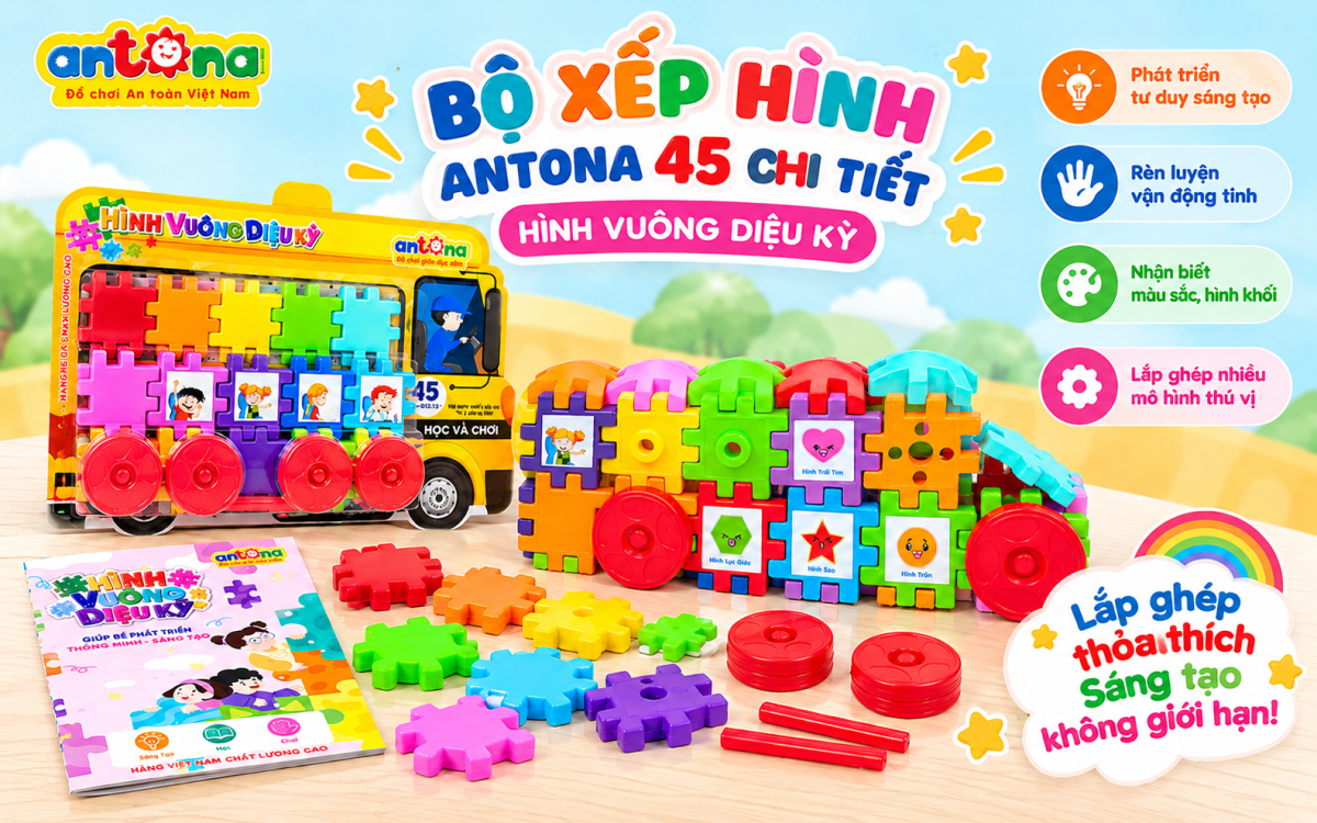 Bộ xếp hình Hình Vuông Diệu Kỳ Antona kết hợp hình dán minh họa, giúp bé nhận biết màu sắc và các hình khối cơ bản.