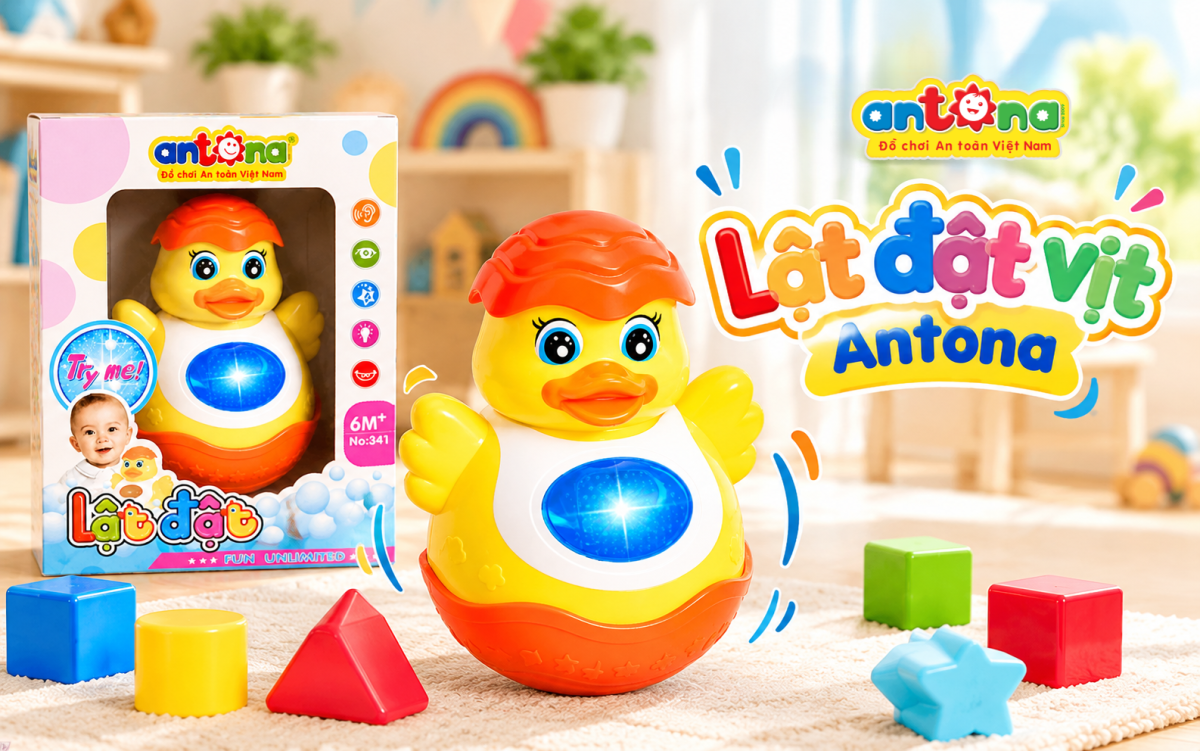 Lật Đật Vịt Antona – Top sản phẩm đồ chơi trẻ em bán chạy với thiết kế vịt vàng ngộ nghĩnh, có âm thanh, ánh sáng, phù hợp cho bé từ 6 tháng tuổi.