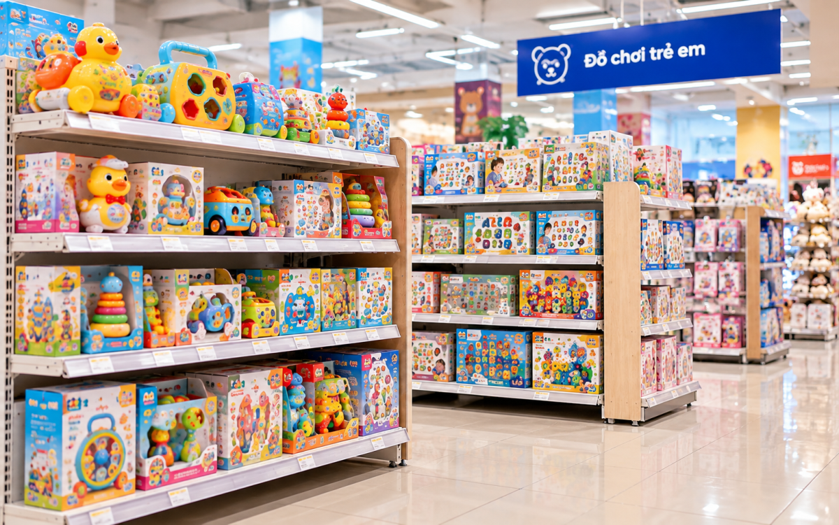 Nhà cung cấp đồ chơi cho siêu thị với đa dạng sản phẩm đồ chơi trẻ em, đồ chơi giáo dục và lắp ghép được trưng bày trên các kệ hàng hiện đại.