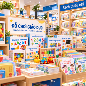 Nhà cung cấp đồ chơi cho nhà sách với khu trưng bày đồ chơi giáo dục, bộ chữ số nam châm, đồ chơi lắp ghép và sách thiếu nhi.