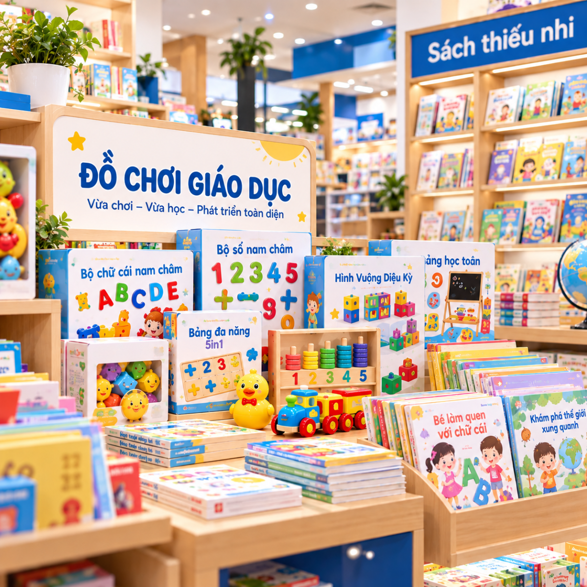 Nhà cung cấp đồ chơi cho nhà sách với khu trưng bày đồ chơi giáo dục, bộ chữ số nam châm, đồ chơi lắp ghép và sách thiếu nhi.