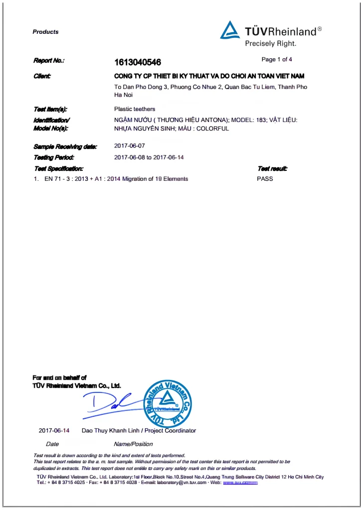 Antona nhận chứng nhận kiểm chứng quốc tế TÜV Rheinland, khẳng định chất lượng và độ an toàn của sản phẩm đồ chơi trẻ em theo tiêu chuẩn quốc tế.