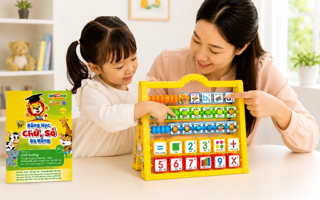 Bảng Chữ Số Đa Năng Antona M2 được thiết kế theo phương pháp giáo dục trực quan, giúp trẻ học chữ, học số, nhận biết hình khối và thực hành phép tính đơn giản ngay từ nhỏ.