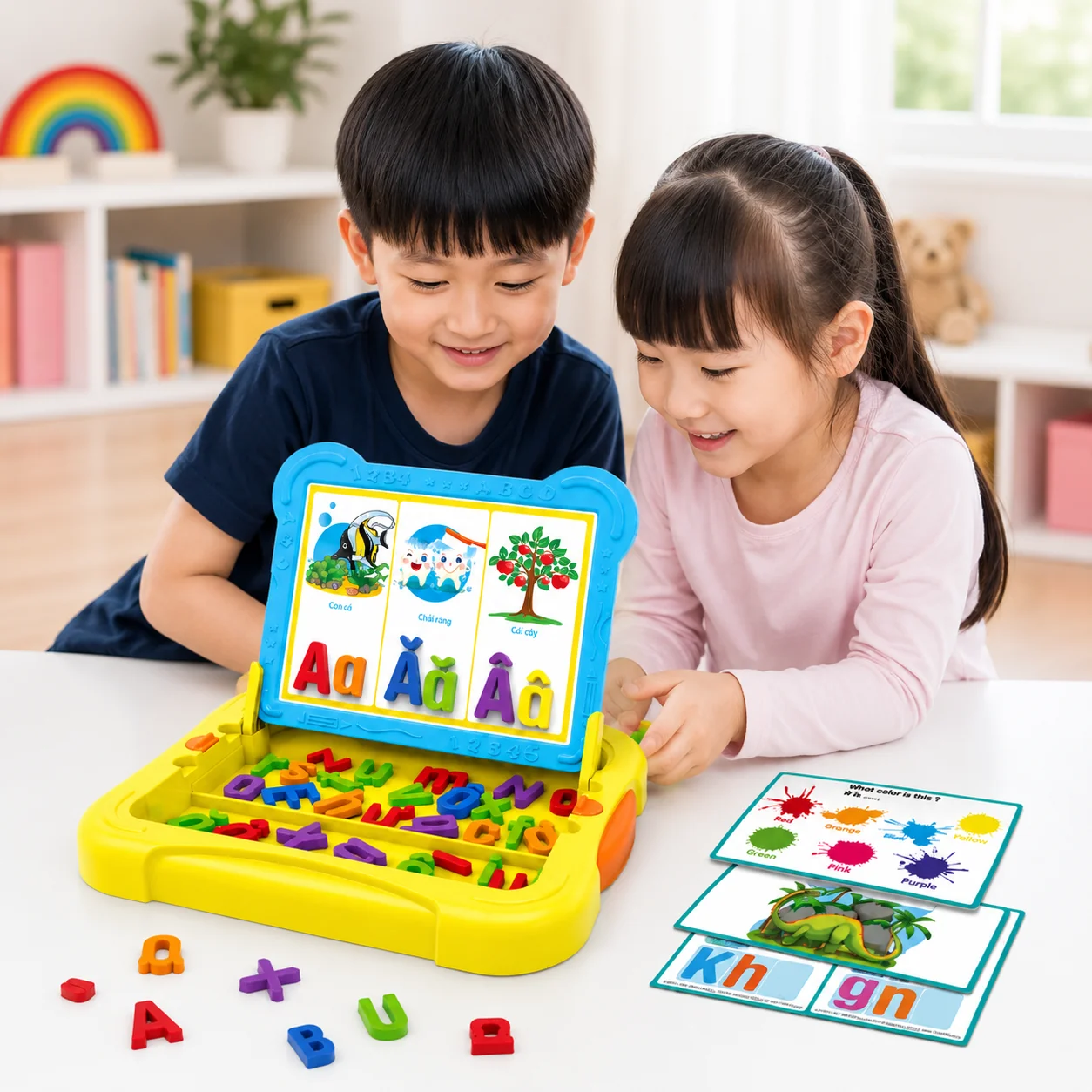 Bảng học thông minh Grimmi1 Antona hỗ trợ trẻ phát triển kỹ năng ngôn ngữ thông qua việc nhận biết chữ cái, ghép vần và làm quen với từ ngữ cơ bản. Sản phẩm giúp bé tăng vốn từ, cải thiện khả năng giao tiếp và xây dựng nền tảng học tập vững chắc trước khi đến trường.