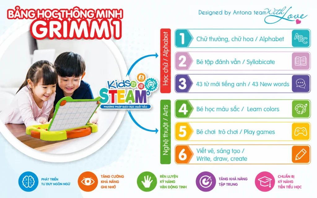 Bảng học thông minh Grimmi1 Antona giúp ba mẹ dễ dàng hướng dẫn con học chữ ngay tại nhà. Với thiết kế trực quan và dễ sử dụng, sản phẩm tạo cơ hội để gia đình cùng tương tác, giúp trẻ tiếp thu kiến thức hiệu quả thông qua các hoạt động học tập vui vẻ.