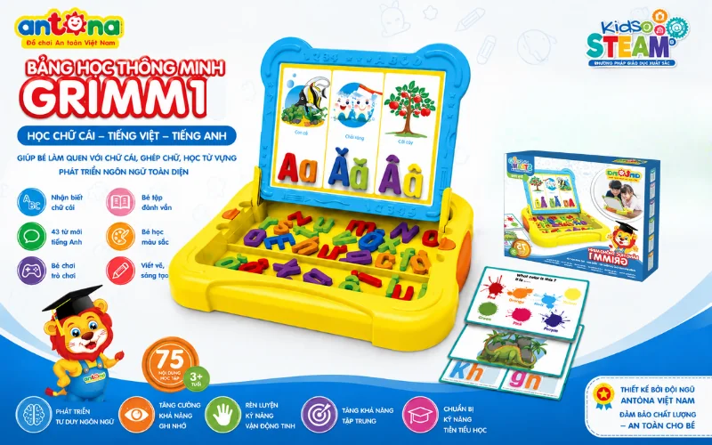 Bảng học thông minh Grimmi1 Antona là món quà giáo dục thiết thực dành cho trẻ từ 3 tuổi trở lên. Sản phẩm giúp bé vừa vui chơi vừa học chữ, phát triển ngôn ngữ, khả năng quan sát và sự tự tin trong quá trình khám phá thế giới xung quanh.