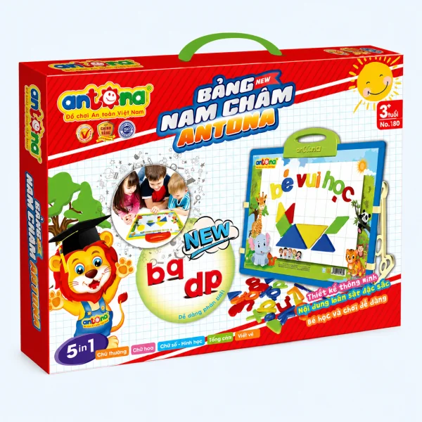 Bảng Nam Châm Antona 5in1 giúp trẻ từ 3 tuổi làm quen với bảng chữ cái tiếng Việt và tiếng Anh thông qua các chữ nam châm nhiều màu sắc. Phương pháp học trực quan giúp bé nhận biết mặt chữ nhanh hơn, phát triển ngôn ngữ và xây dựng nền tảng tiền đọc viết hiệu quả.