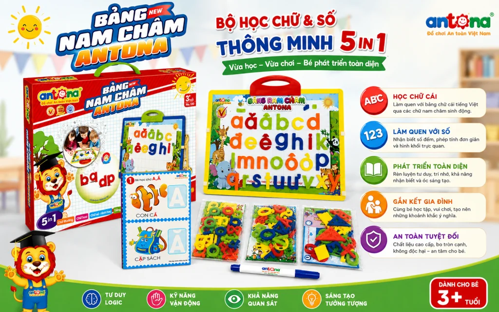 Việc ghép chữ, sắp xếp con số và thực hành các bài học trên bảng nam châm giúp trẻ tăng khả năng tập trung, rèn luyện trí nhớ và phát triển tư duy logic ngay từ những năm đầu đời.