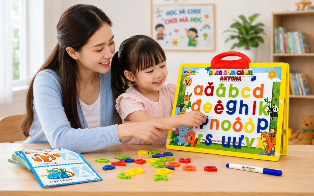 Bảng Nam Châm Antona 5in1 tích hợp nội dung Tiếng Việt cơ bản với chữ cái và từ vựng minh họa sinh động. Bé được làm quen với ngôn ngữ mới thông qua hình ảnh và hoạt động tương tác, giúp ghi nhớ từ vựng dễ dàng hơn.
