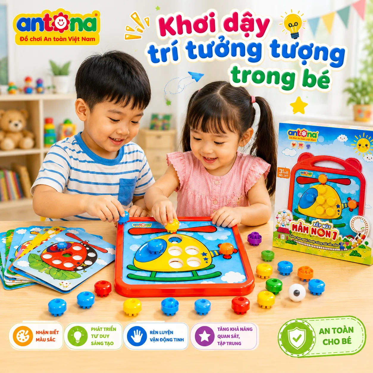 Bé học cách phân biệt màu sắc và hoàn thiện bức tranh nghệ thuật với bộ đồ chơi xếp nút mầm non 1 của Antona.