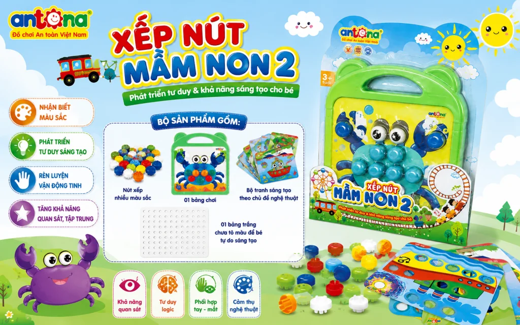 Bộ đồ chơi xếp nút mầm non 2 Antona giúp trẻ làm quen với màu sắc, hình ảnh và phát triển tư duy logic ngay từ giai đoạn mầm non.