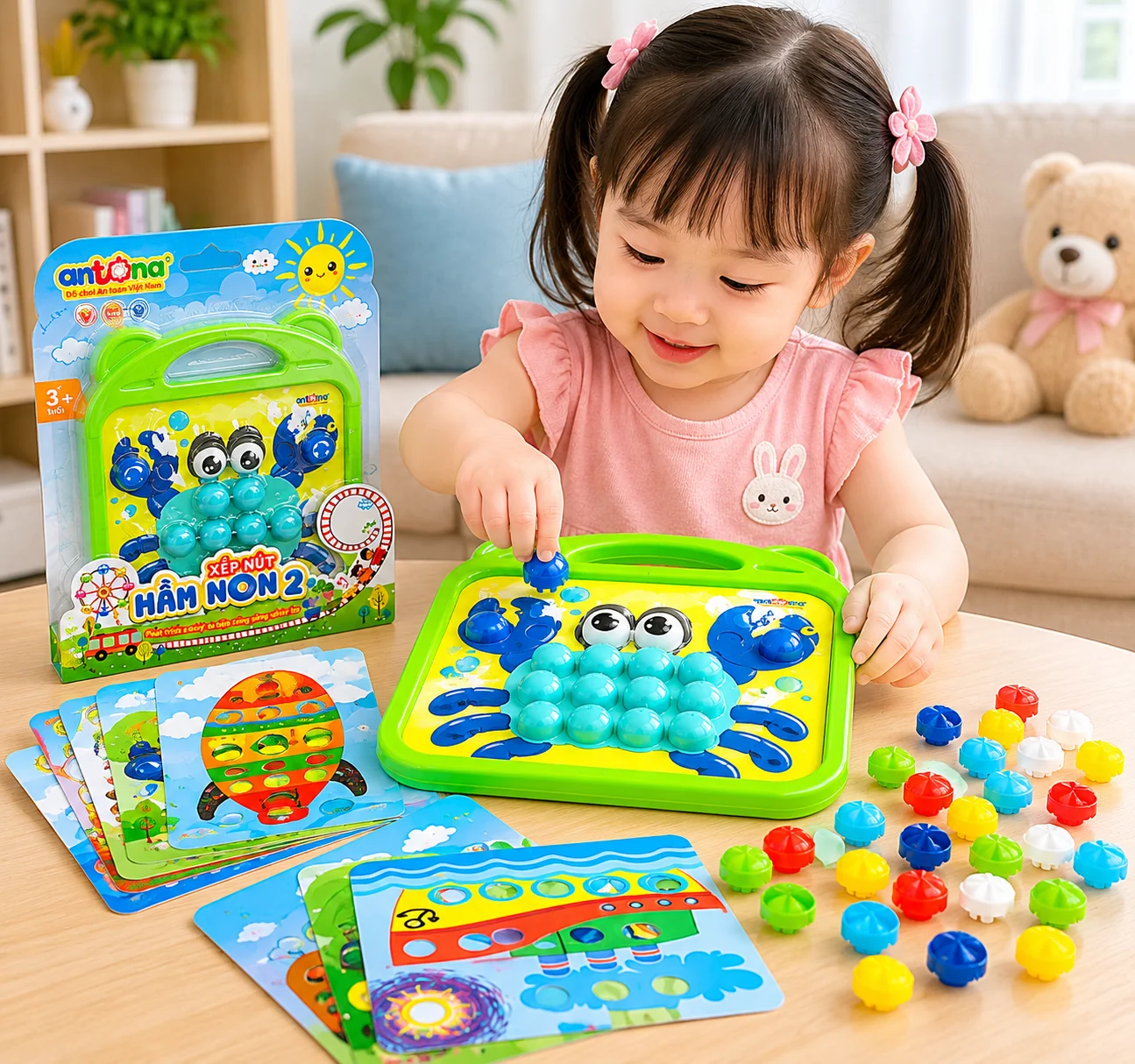 Xếp nút mầm non 2 là đồ chơi giáo dục dành cho trẻ từ 3 tuổi trở lên, hỗ trợ phát triển khả năng quan sát, tập trung và phối hợp tay mắt hiệu quả.