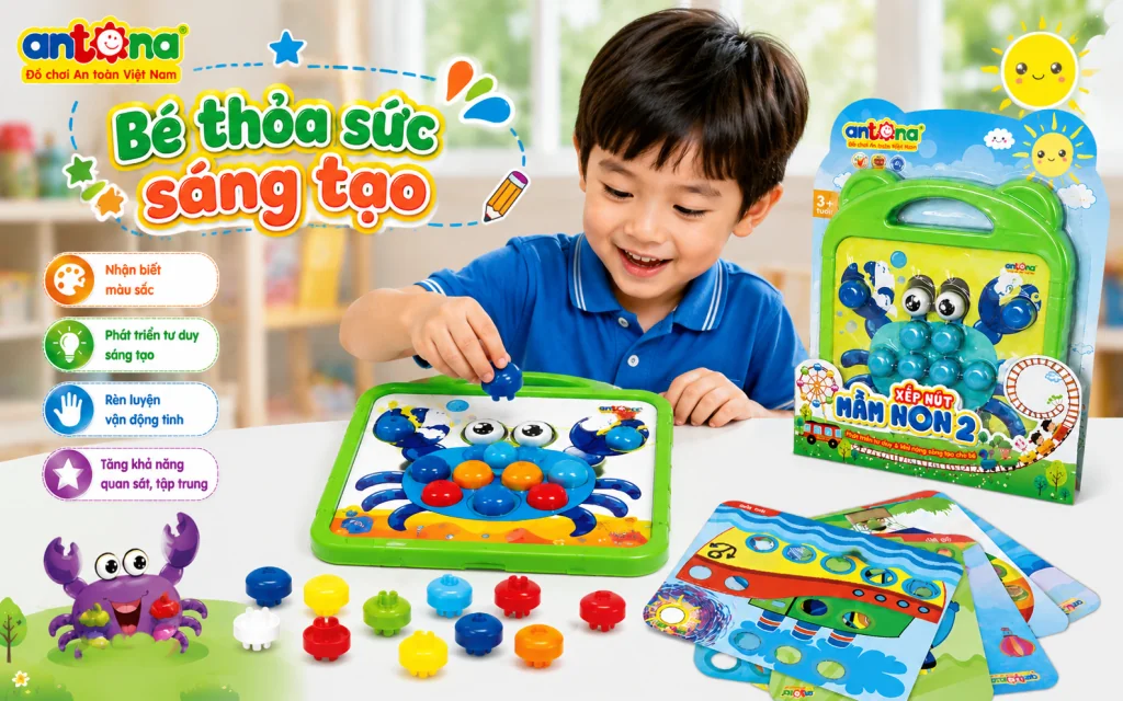 Xếp nút mầm non 2 được thiết kế với các nút nhựa nhiều màu sắc an toàn, giúp bé rèn luyện vận động tinh và tăng khả năng ghi nhớ.