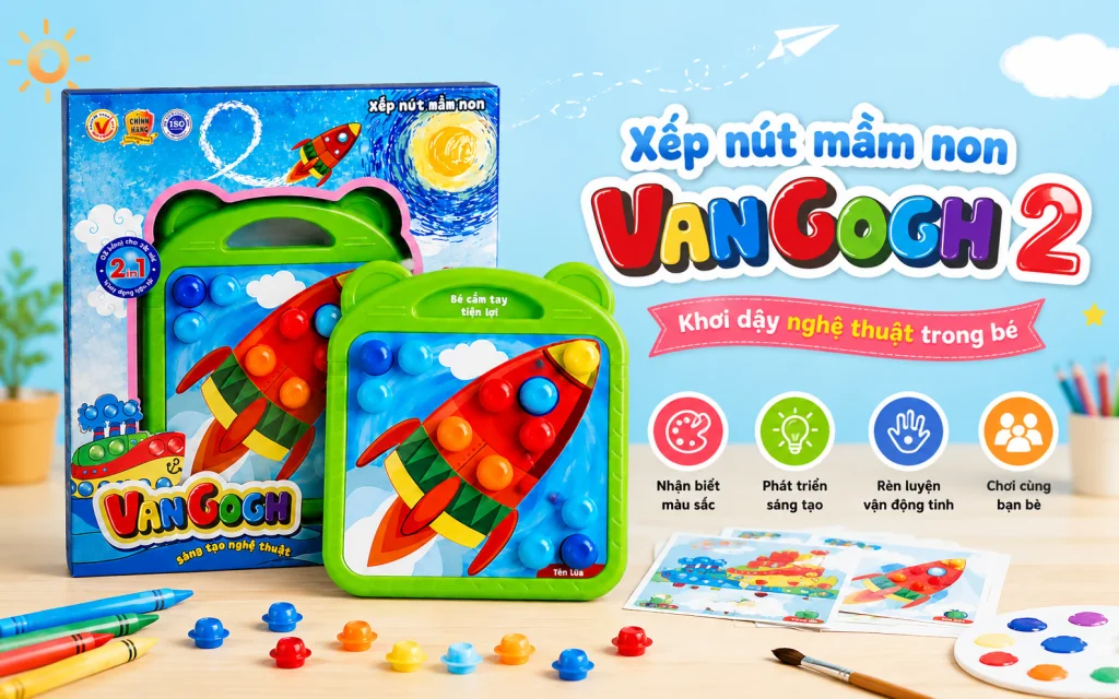 Xếp nút mầm non Van Gogh 2 không chỉ giúp bé nhận biết màu sắc mà còn hỗ trợ phát triển tư duy logic, khả năng quan sát, vận động tinh và sự kiên nhẫn. Những bức tranh lấy cảm hứng nghệ thuật giúp trẻ vừa học vừa chơi, phát triển toàn diện ngay từ những năm đầu đời.
