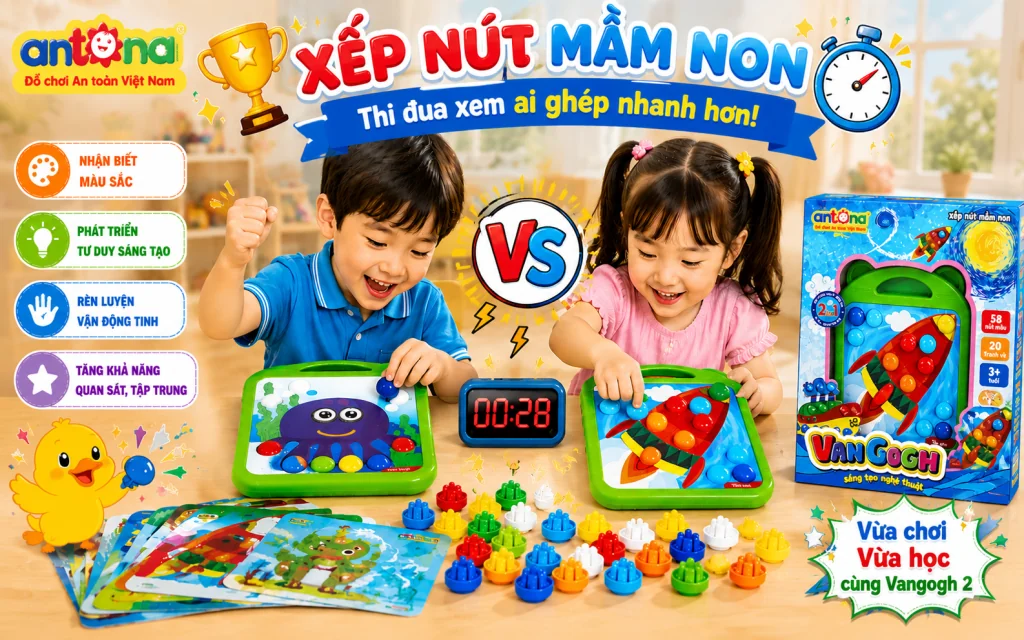 Xếp nút mầm non Vangogh 2 được trang bị 2 bảng chơi dành cho 2 người, giúp các bé có thể cùng nhau thi tài xem ai hoàn thành bức tranh nhanh và chính xác hơn. Hoạt động này giúp trẻ tăng khả năng tập trung, phản xạ và kỹ năng tương tác với bạn bè.