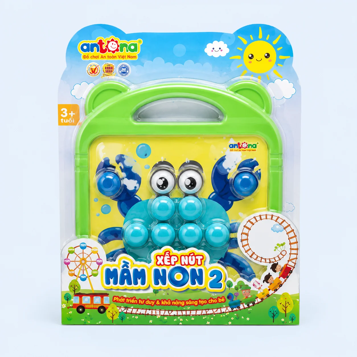 Bộ xếp nút mầm non 2 gồm bảng chơi, nút xếp nhiều màu sắc và tranh nghệ thuật, mang đến cho bé trải nghiệm học mà chơi đầy hứng thú.